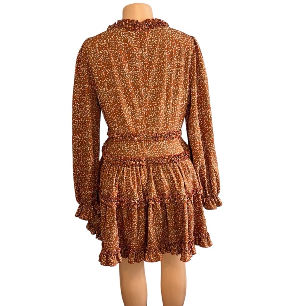 Lulu's Rust Floral Long Sleeve Ruffle Skater Dress - Picture 5 of 9